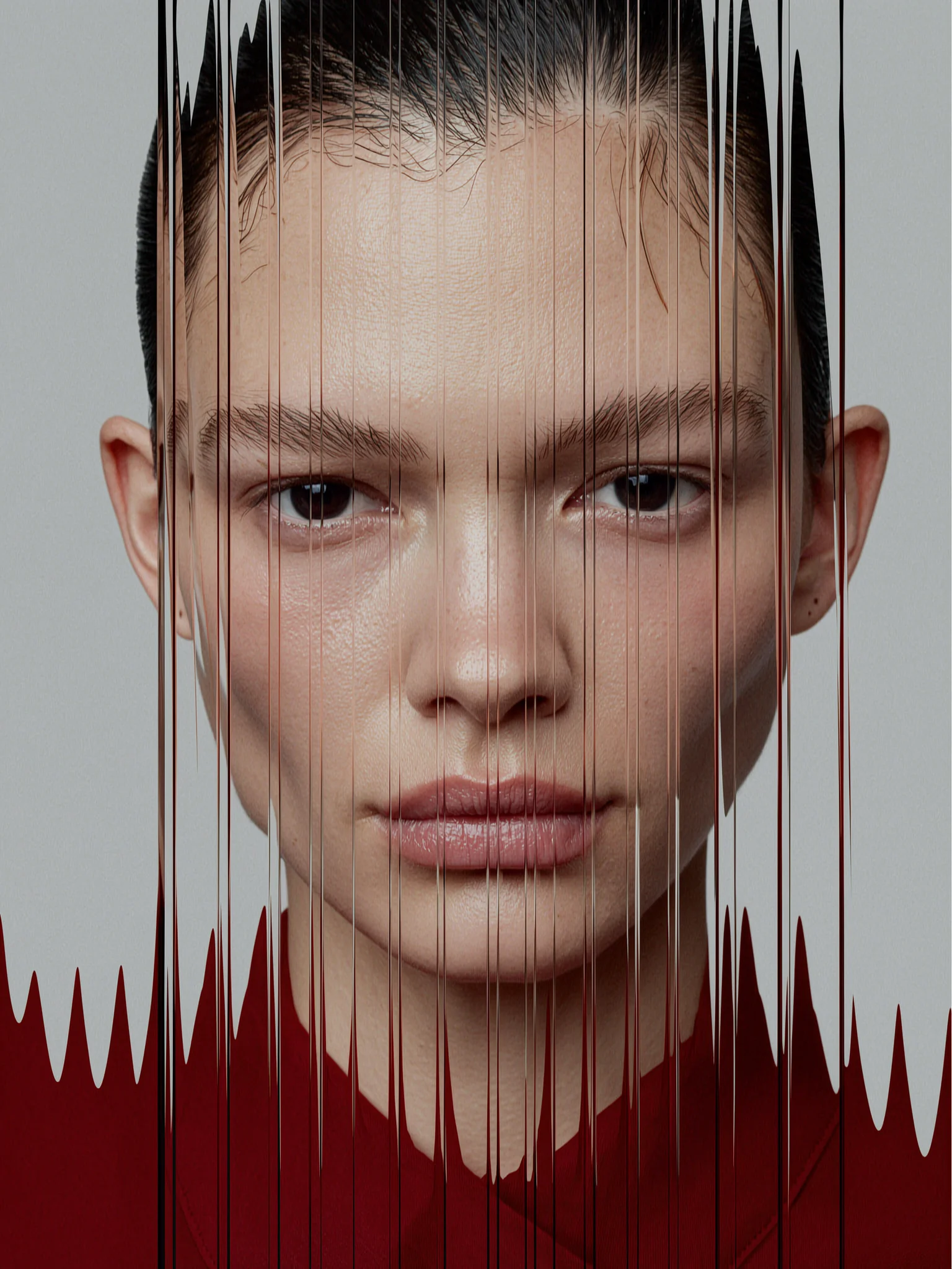 High-fashion glitch portrait generated with Wan2.7-Image in 3 by 4 ratio